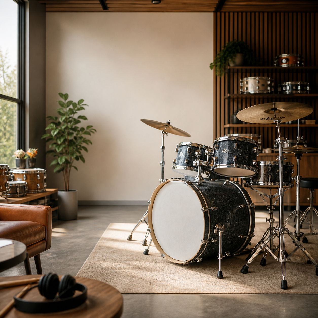 Modern drumstel in een rustige muziekkamer